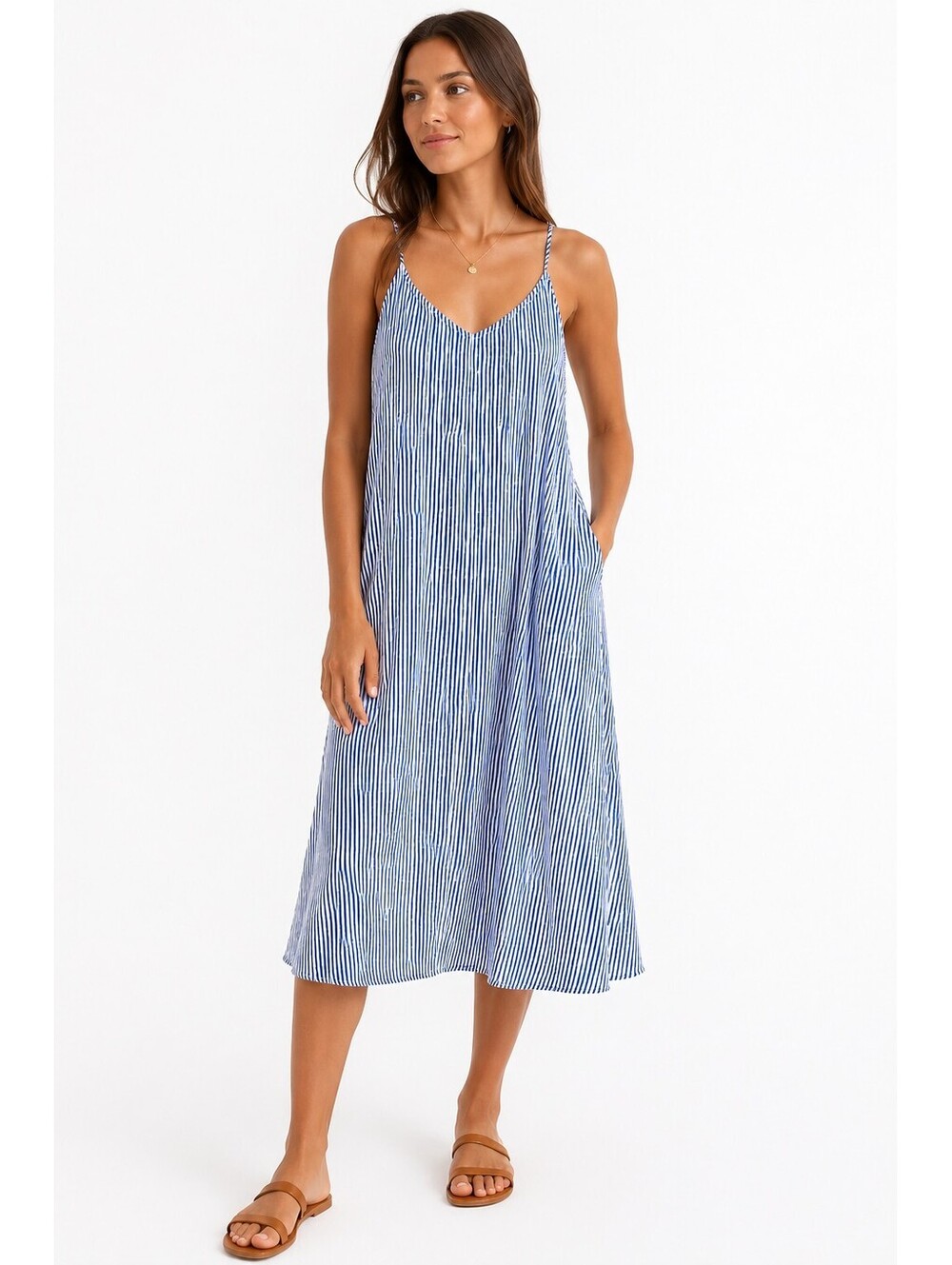 Old Navy Women's Blue and White Striped Midi Dress, Size Medium